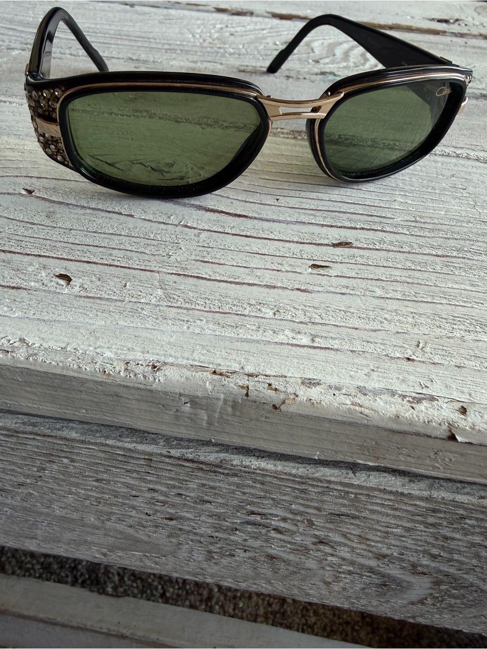 Cazal Black Frame Sunglasses with Green Lenses and Crystal Accents